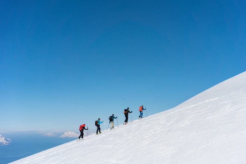 Group skins up snow-covered mountain in the Alps
