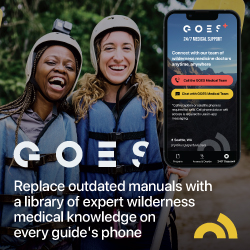 Ad reads: GOES Health: Replace outdated manuals with a library of expert wilderness medical knowledge on every guide's phone