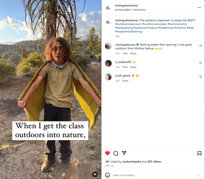 Child plays in his sleeping pad with the words "When I get the class outdoors into nature" below