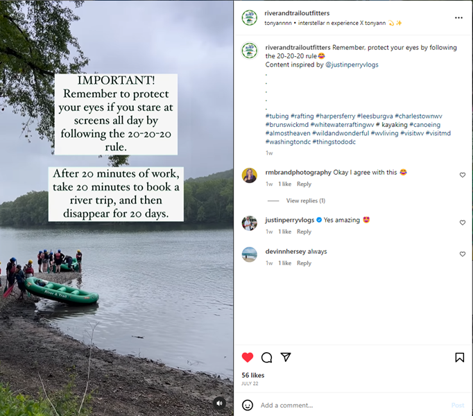 Image shows a group preparing to go rafting with the words "after 20 minutes of work take 20 minutes to book a river trip then disappear for 20 days"