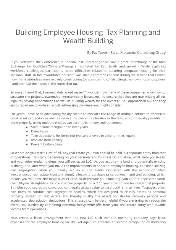 Building Employee Housing – Tax Planning and Wealth Building