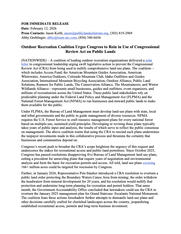 Press Release: Outdoor Recreation Coalition Urges Congress to Rein in Use of Congressional Review Act on Public Lands